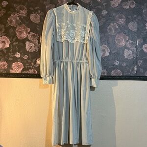Donna Morgan Blue and White Striped Long Sleeve Lace Bib Midi Dress